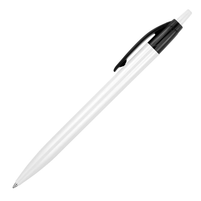 A plastic ballpoint pen in white with a black clip. The pen has a smooth, sleek design and a visible nib.