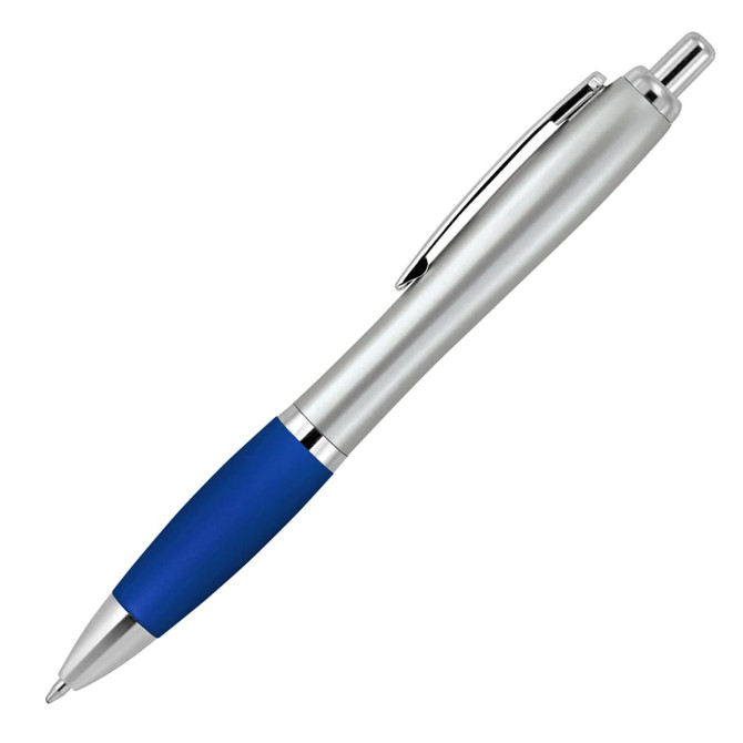 A silver ballpoint pen with a blue silicone grip and a metal clip. Features a logo on the barrel.