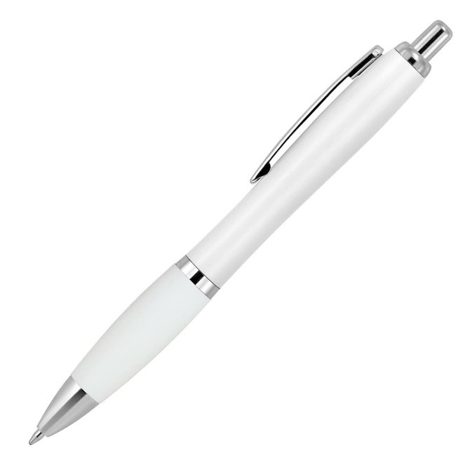 A white ballpoint pen with a silicone grip and chrome accents, featuring a clip and a branding logo.