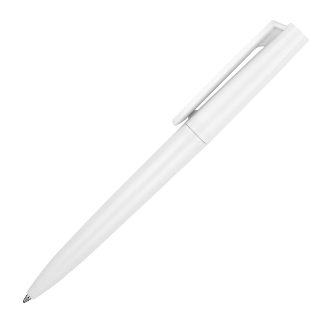 A white matte ballpoint pen with a sleek design and a clip for easy attachment, featuring a branding logo.