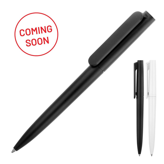 A matte ballpoint pen in black with a clip, accompanied by a white variant, featuring a logo.