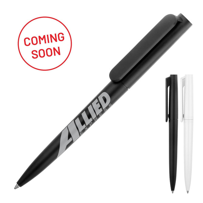 A ballpoint pen in matte black and white with a clip and a logo.