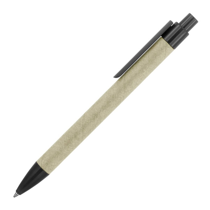 A ballpoint pen made from recycled paper, featuring a sage green barrel and black accents, with a branding logo.