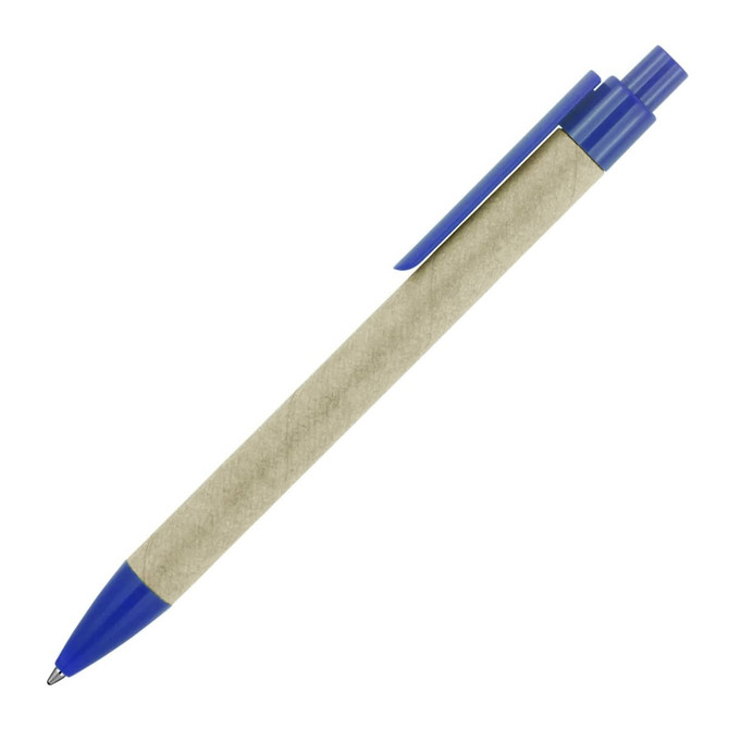 A ballpoint pen with a recycled paper body in sage green and blue plastic accents, featuring a logo.