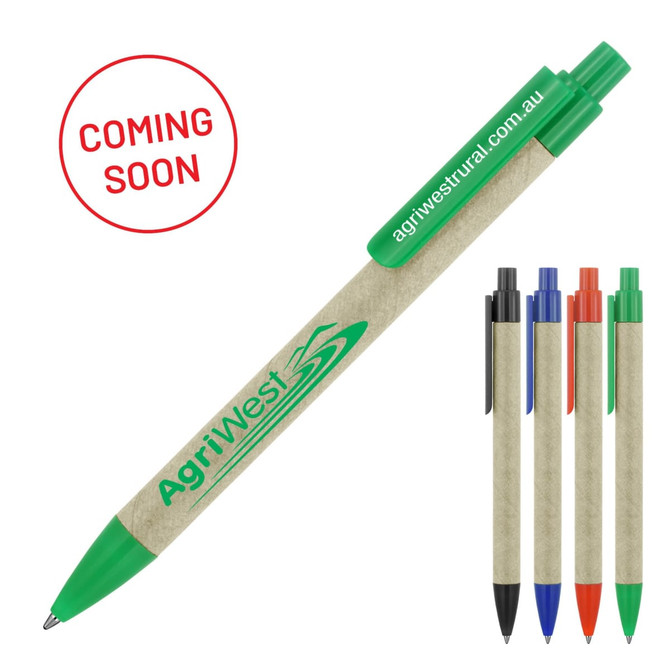 A ballpoint pen with recycled paper body in sage green and coloured accents, featuring a logo.
