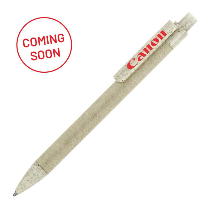A ballpoint pen in wheat-coloured material with a red clip and logo, featuring a sleek design.