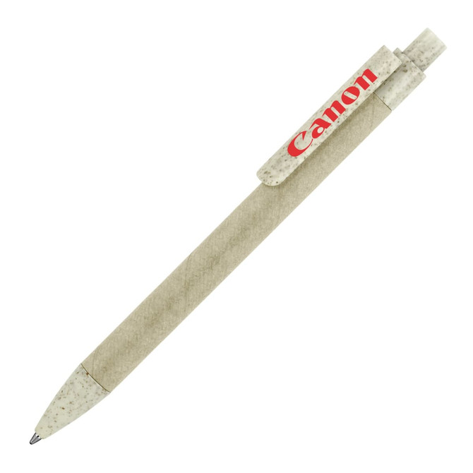 A ballpoint pen in a light beige colour with a textured finish and a logo on the clip.