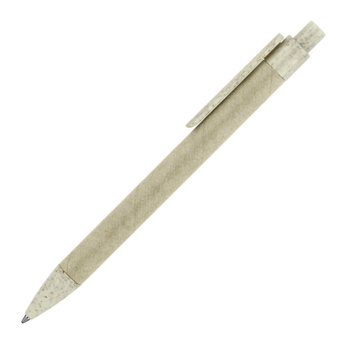 A ballpoint pen in wheat paper with a jade finish, featuring a clip and a pointed tip. It has a logo on its body.