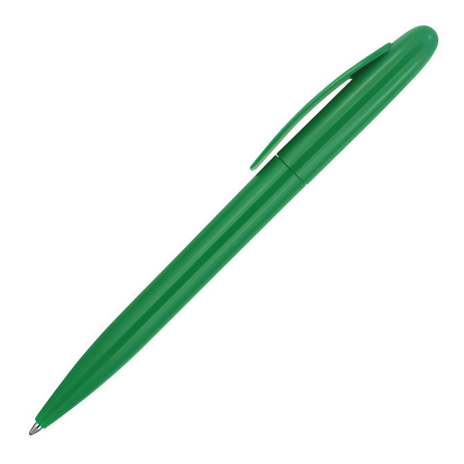 A green ballpoint pen with a glossy finish and a clip design, featuring a logo.
