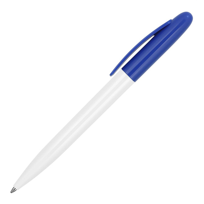 A ballpoint pen featuring a gloss white barrel and a blue cap, with a branding logo present on the body.