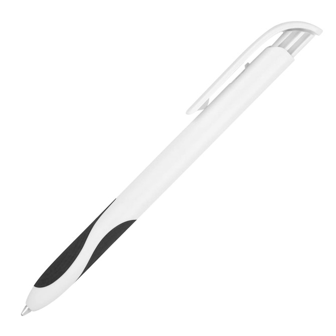 A ballpoint pen in white with a black grip and a clip, featuring a sleek design and a branded logo.
