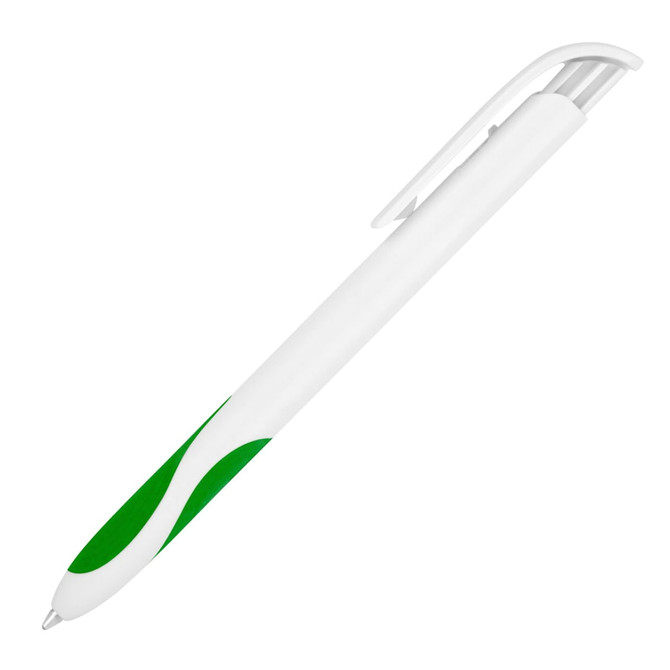 A ballpoint pen with a white body and green accents, featuring a clip and a sleek design.