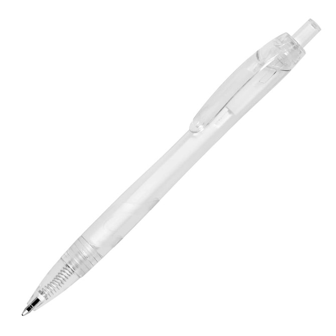 A ballpoint pen made from recycled PET with a clear barrel and black ink. It features a clip for easy attachment.