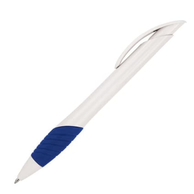 A plastic ballpoint pen in white and blue, featuring a textured grip and a clip. It includes a logo.