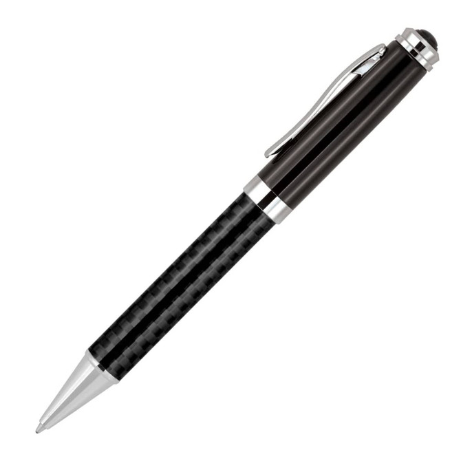 A metal ballpoint pen featuring a black carbon fibre design with silver accents and a clip.