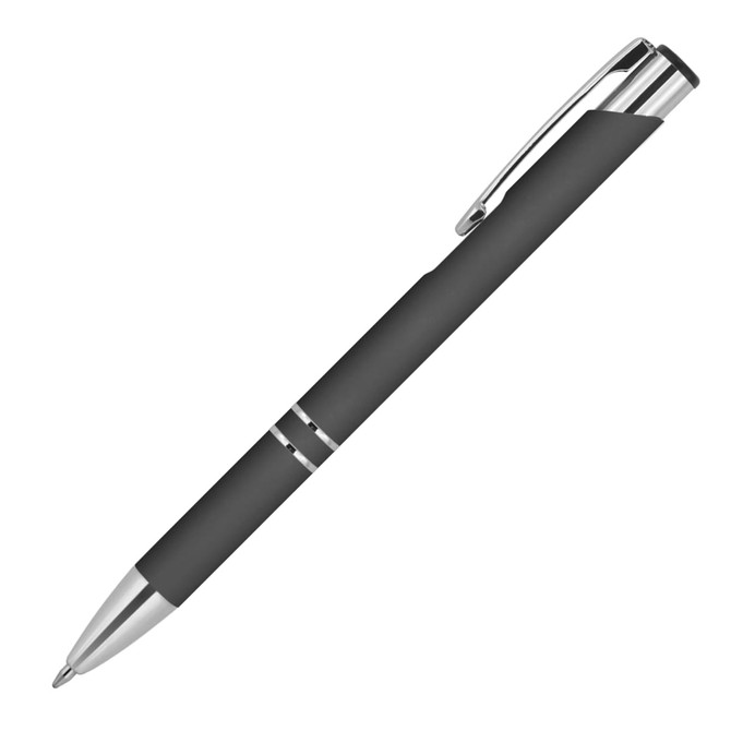 A metal ballpoint pen in black with a rubber grip and a silver clip, featuring chrome accents.