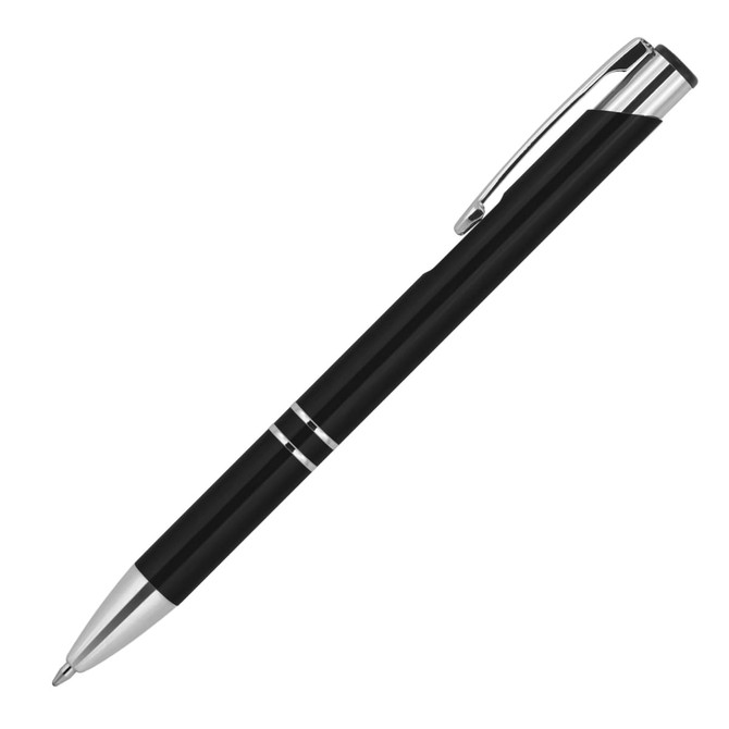 A metallic black ballpoint pen with chrome accents and a sleek design, featuring an attached clip and branding.