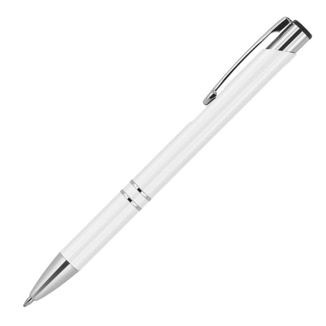 A metallic white ballpoint pen with silver accents and a clip. It features a sleek, executive design.