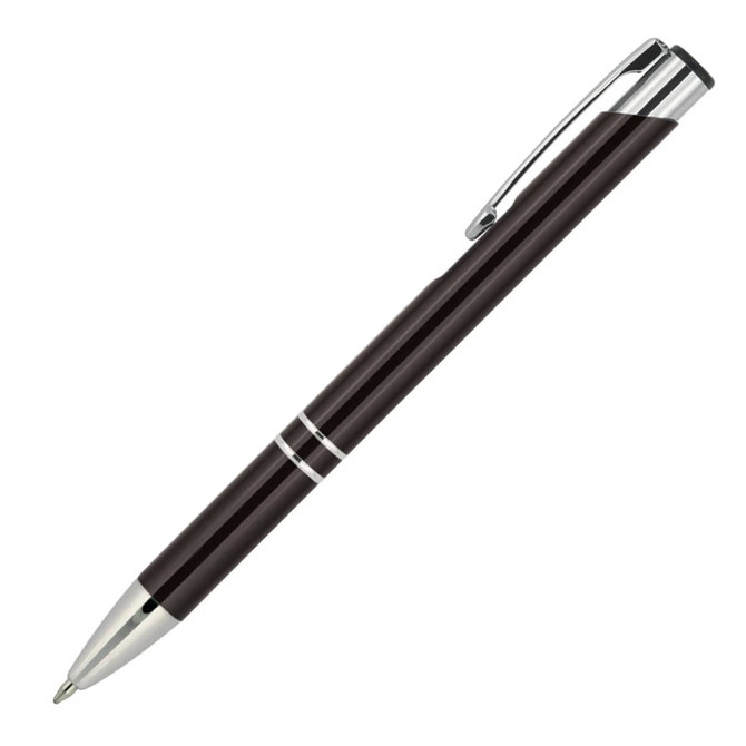 A metallic ballpoint pen in dark brown with silver accents and a sleek design, featuring a clip and logo.