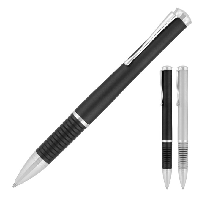 A black and silver ballpoint pen with a textured grip and a sleek design, alongside two other similar pens.