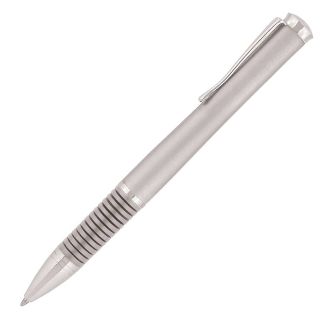 A metal ballpoint pen in silver with a ribbed grip and a clip. It features a sleek, executive design.
