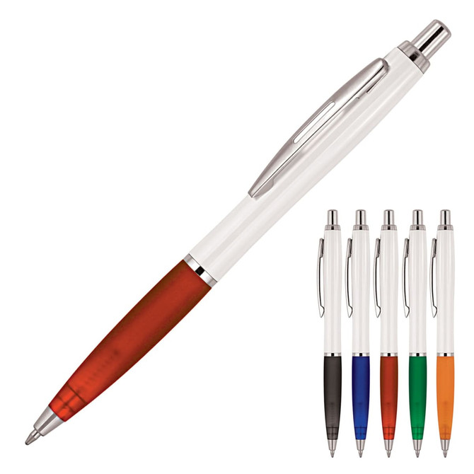 A plastic ballpoint pen in white with a coloured grip and silver accents. Includes various other colour options.