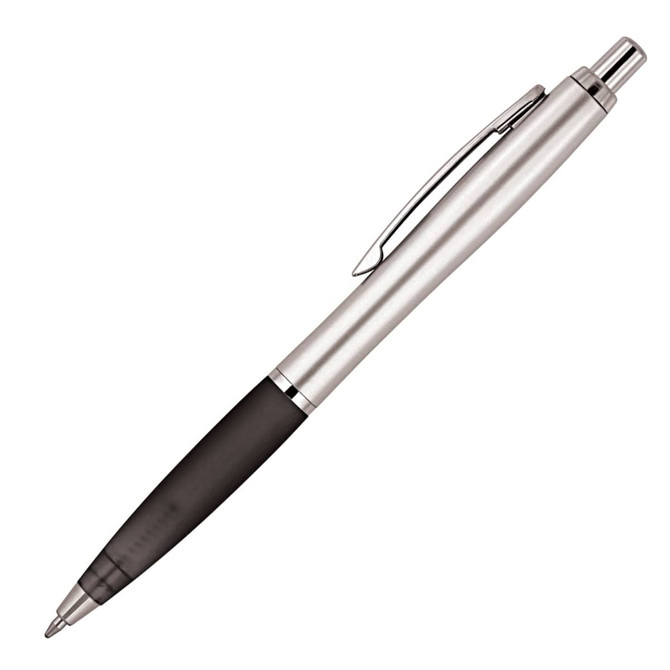 A ballpoint pen in silver with a black grip, featuring a clip and sleek design. It has a logo on the barrel.