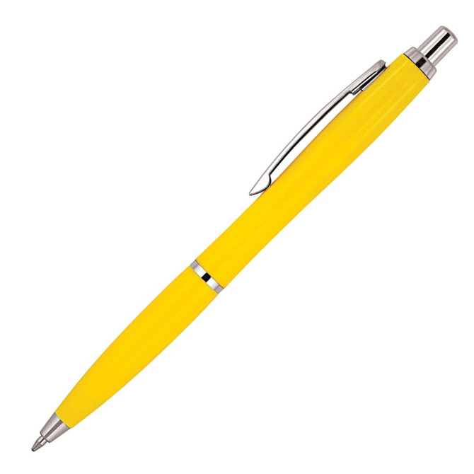 A yellow ballpoint pen with a sleek design and a silver clip, featuring branding.