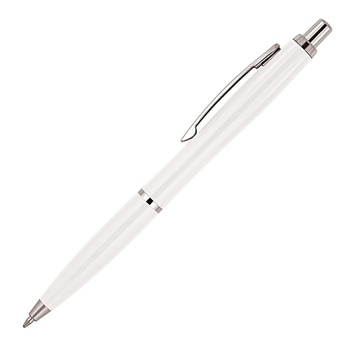 A white ballpoint pen with silver accents and a clip, featuring a smooth finish and a logo.
