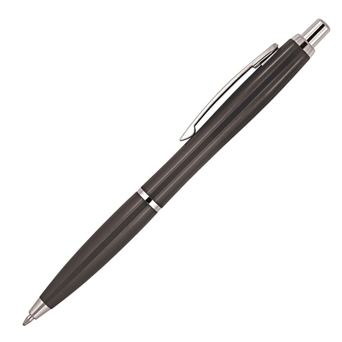 A ballpoint pen in solid black with a silver clip and accents, featuring a sleek design and logo.