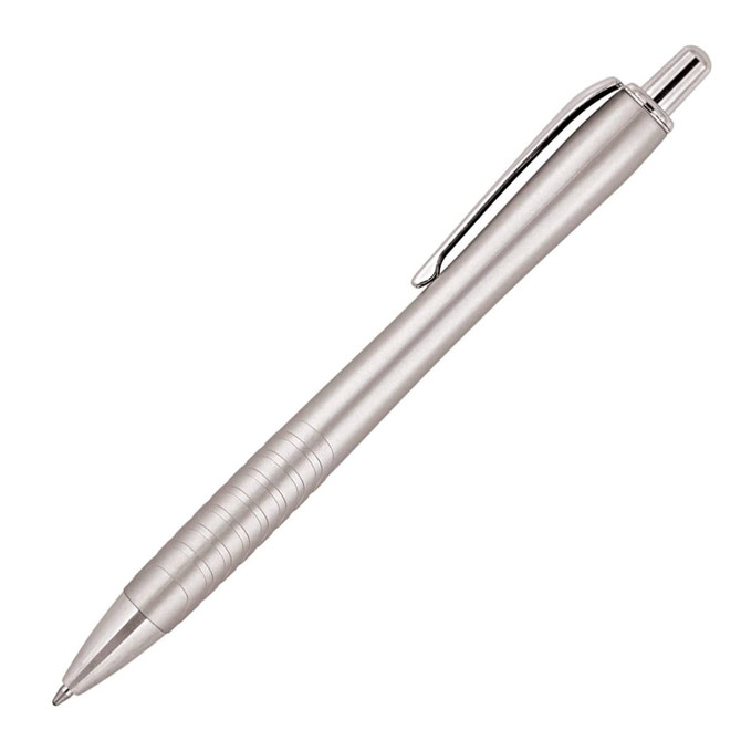 A ballpoint pen in a silver, metallic finish with a sleek design and a clip. It features a textured grip.