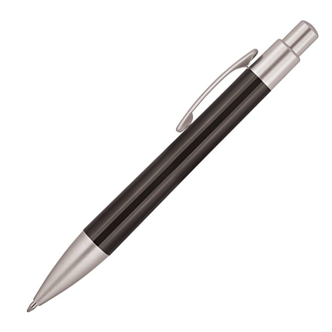 A black plastic ballpoint pen with a silver clip and tip, featuring a sleek design. It has a logo on the barrel.