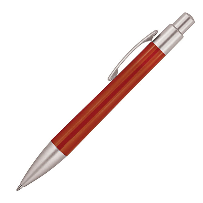 A plastic ballpoint pen in vibrant red with silver accents and a clip. Features a sleek design with a shiny finish.