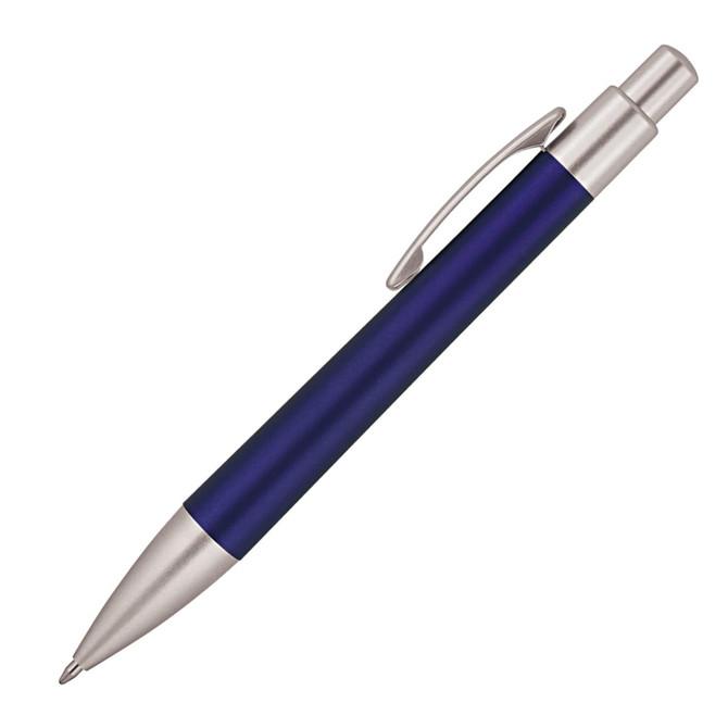 A ballpoint pen with a metallic frost finish in deep blue, featuring a silver clip and tip.