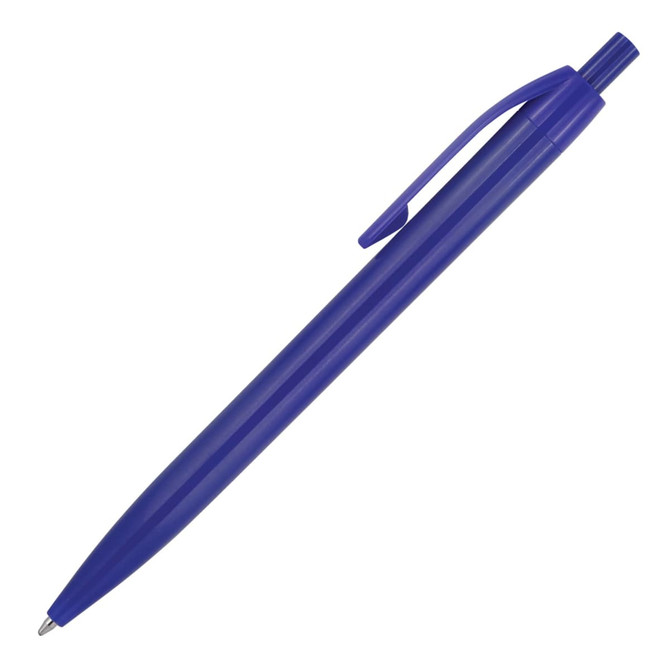 A plastic ballpoint pen in vibrant blue with a clip and a smooth design. Features a branding logo.