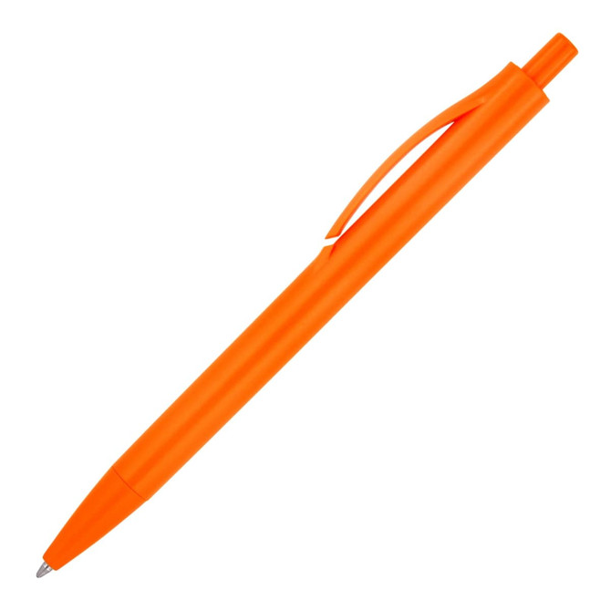 An orange ballpoint pen with a smooth finish and a clip for easy attachment. It features a simplistic design.