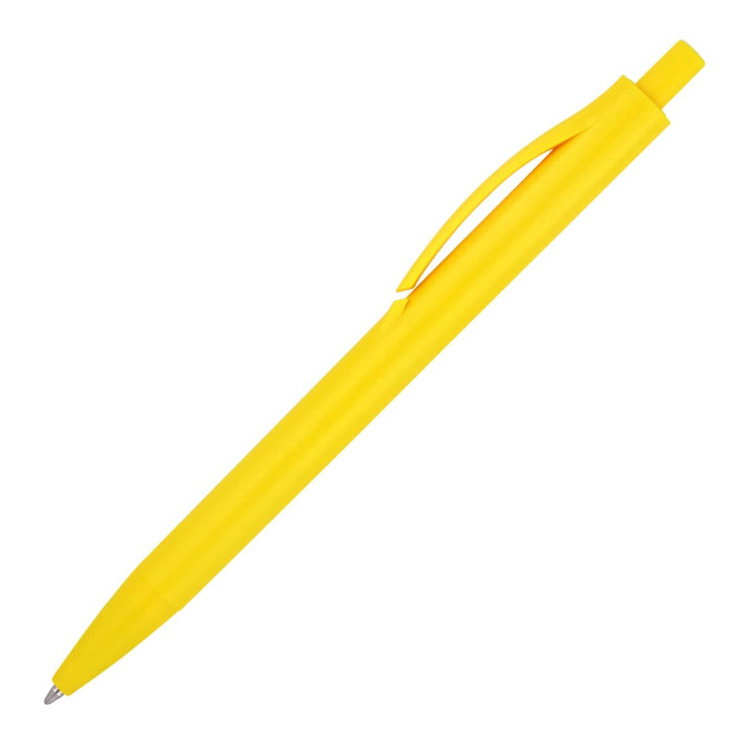 A bright yellow ballpoint pen with a smooth finish and a clip for easy attachment. It features a minimalist design.