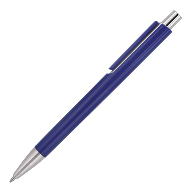 A blue ballpoint pen with a silver clip and tip, featuring a sleek design and branding on the barrel.