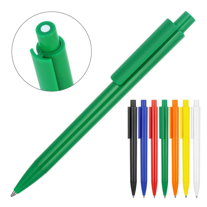 A green ballpoint pen with a clip and various colour options displayed, including black, blue, yellow, orange, and white.