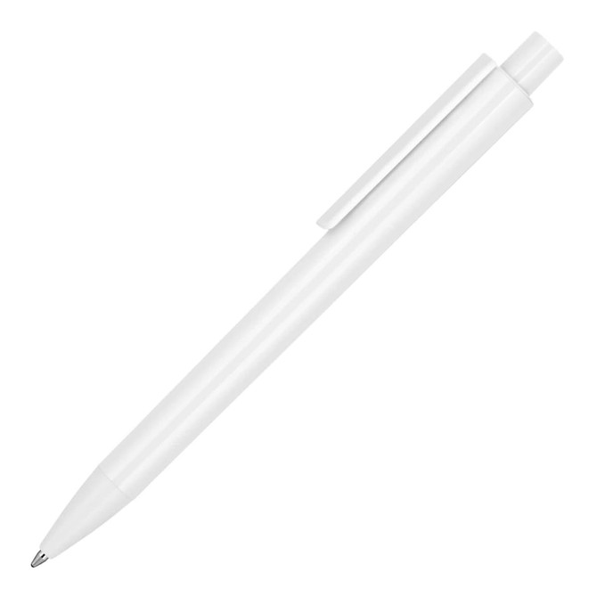 A white ballpoint pen with a glossy finish and a clip, featuring a sleek design.