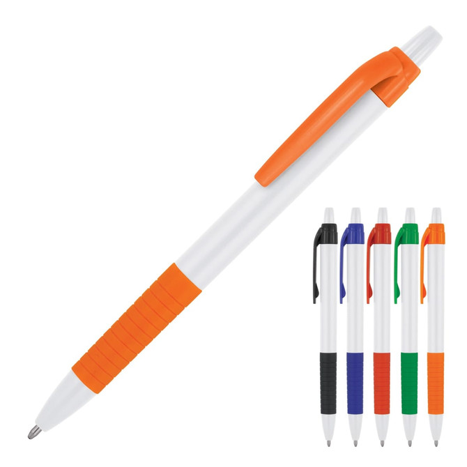 A plastic ballpoint pen in white with an orange grip and clip, surrounded by black, blue, green, and red variations.