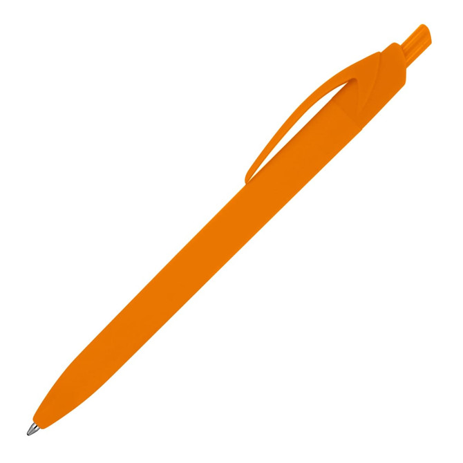 An orange ballpoint pen with a matte rubber finish and a clip. It features a logo.