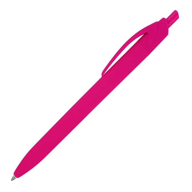A ballpoint pen in matte rubber finish, featuring a bright pink colour and a design with a clip.