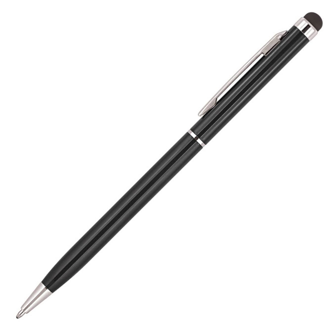 A metal ballpoint pen in black with silver accents and a stylus tip, featuring a branding logo.