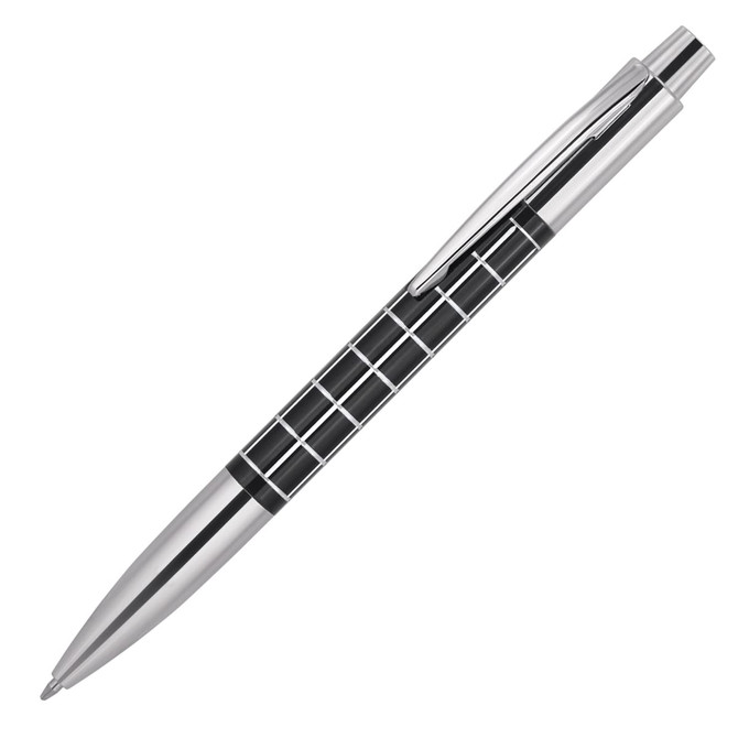 A metal ballpoint pen with a black accent design and silver detailing. It features a branding logo.