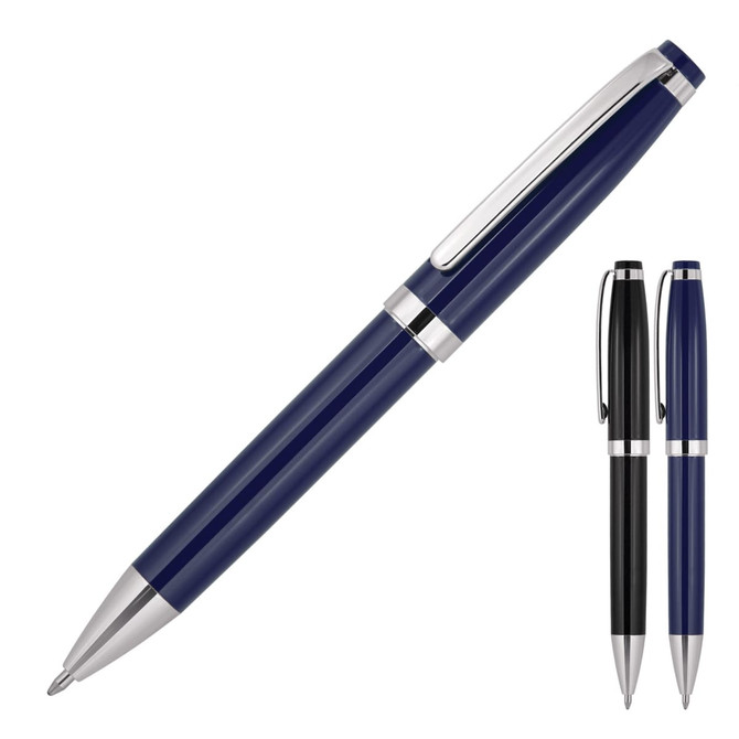 A metal ballpoint pen in navy blue with silver accents, alongside a black version, both featuring a clip.