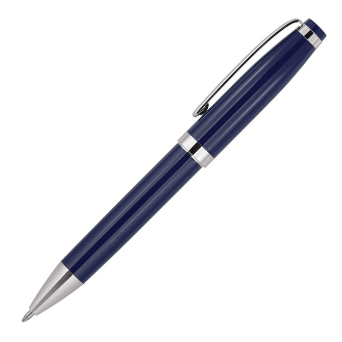 A metal ballpoint pen in navy blue with a silver clip and trim, featuring a glossy finish.