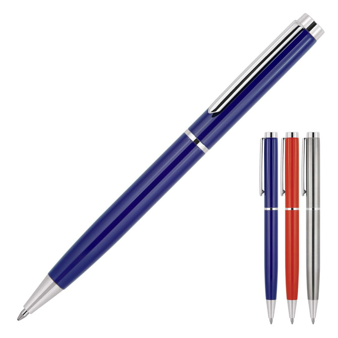 A ballpoint pen in navy blue with silver accents, accompanied by red, silver, and blue versions. All feature a branding logo.