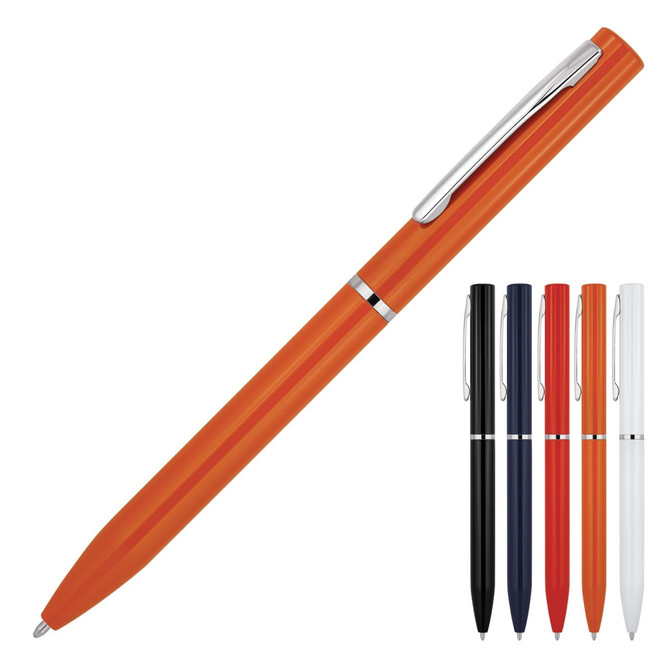An orange ballpoint executive pen, displayed alongside black, navy, red, and white versions, featuring a silver clip.