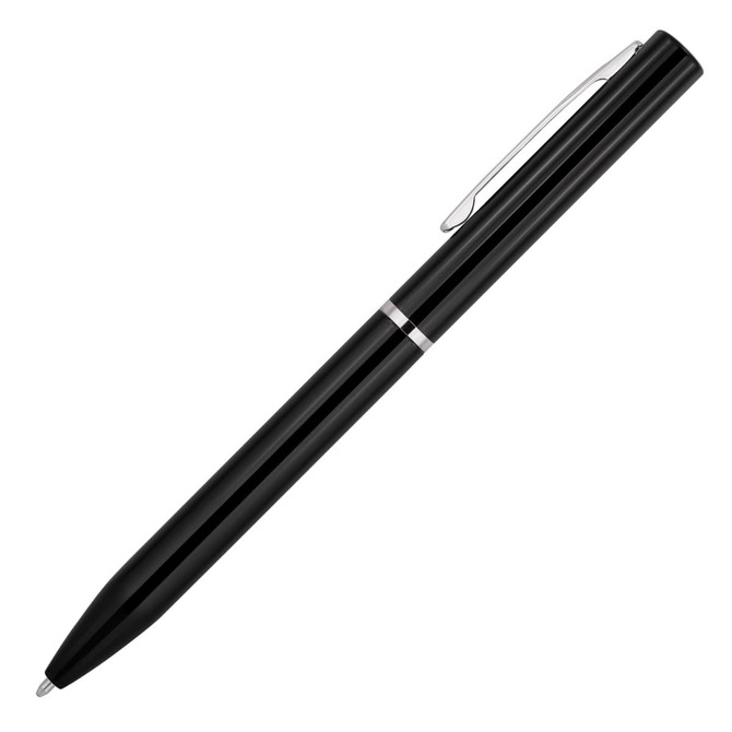 A black ballpoint pen with a silver accent and a sleek, polished finish. It features a clip and has branding.